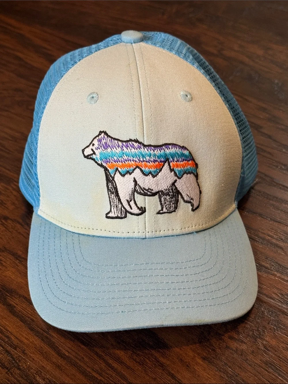 Patagonia Light Blue and Cream Kids Trucker Hat with Striped Bear Patch